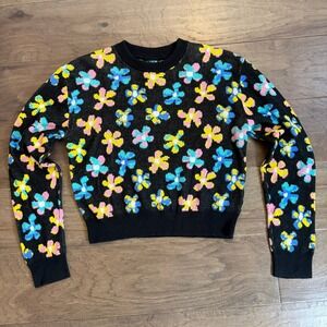 a‎ LAB Black Floral Print Crew Neck Long Sleeve Sweater Women's Size M